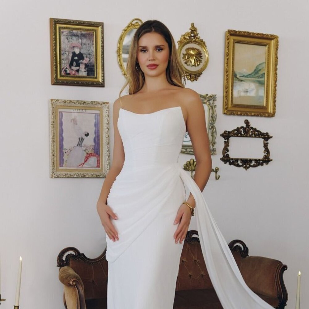 New Off White Strapless SheathWedding Gown w/ Side Drape & Leg Slit CD T726W